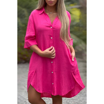 Plus A Line Button Loose Fit Pockets Solid Dress | Dress - Women's | 2401, F, LK, new arrival, plus, plus dress | Elings