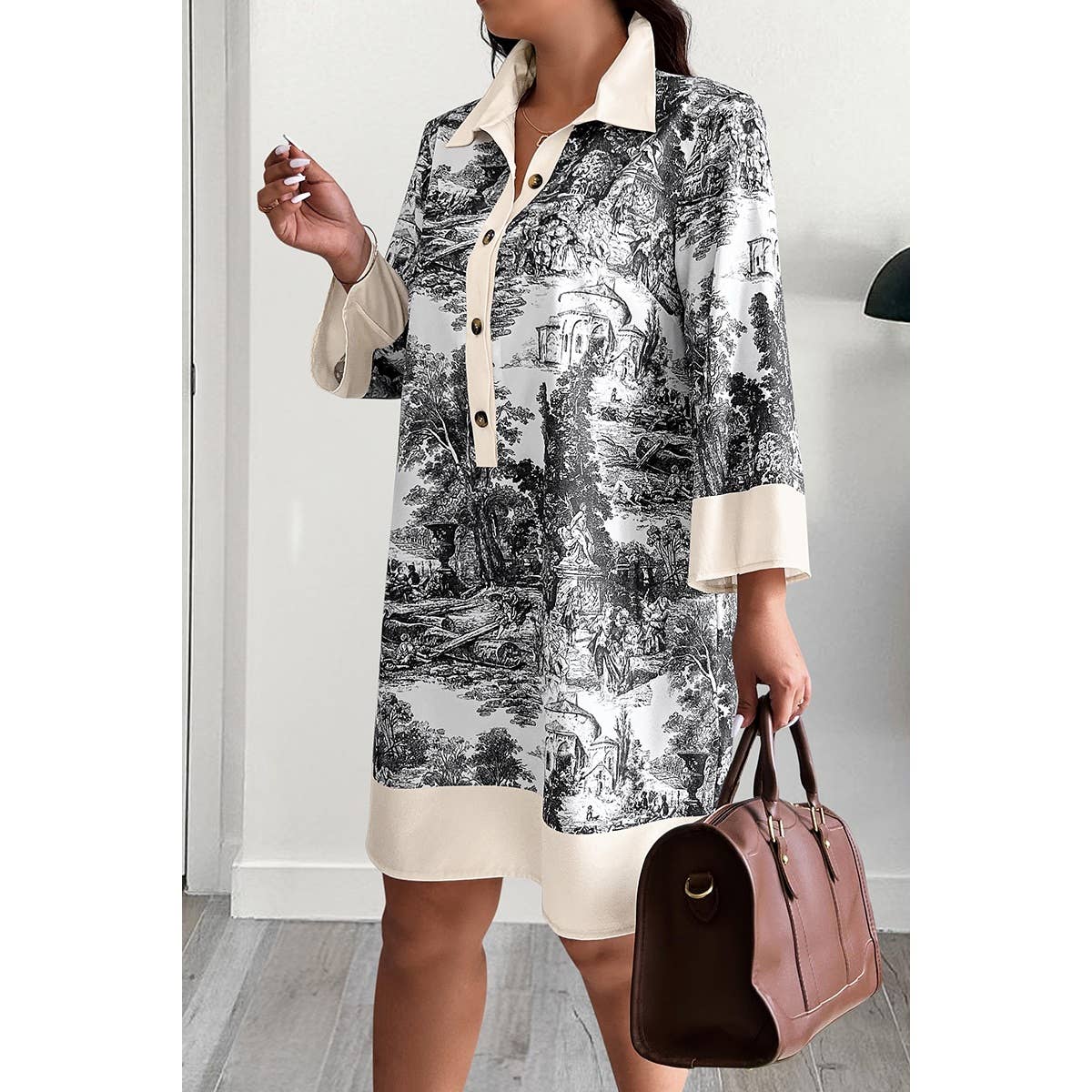 Plus Allover Printed Color Block Button Up Dress