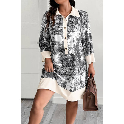 Plus Allover Printed Color Block Button Up Dress