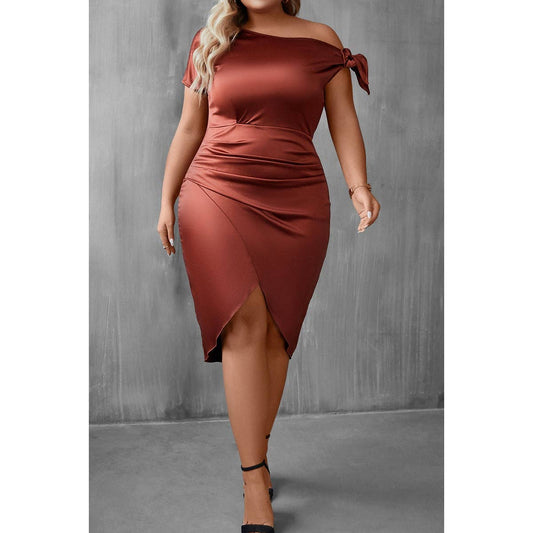 Plus One Shoulder Knot Bodycon Wrap Dress | Dress - Women's | F, LK, new arrival, plus, plus dress | Elings