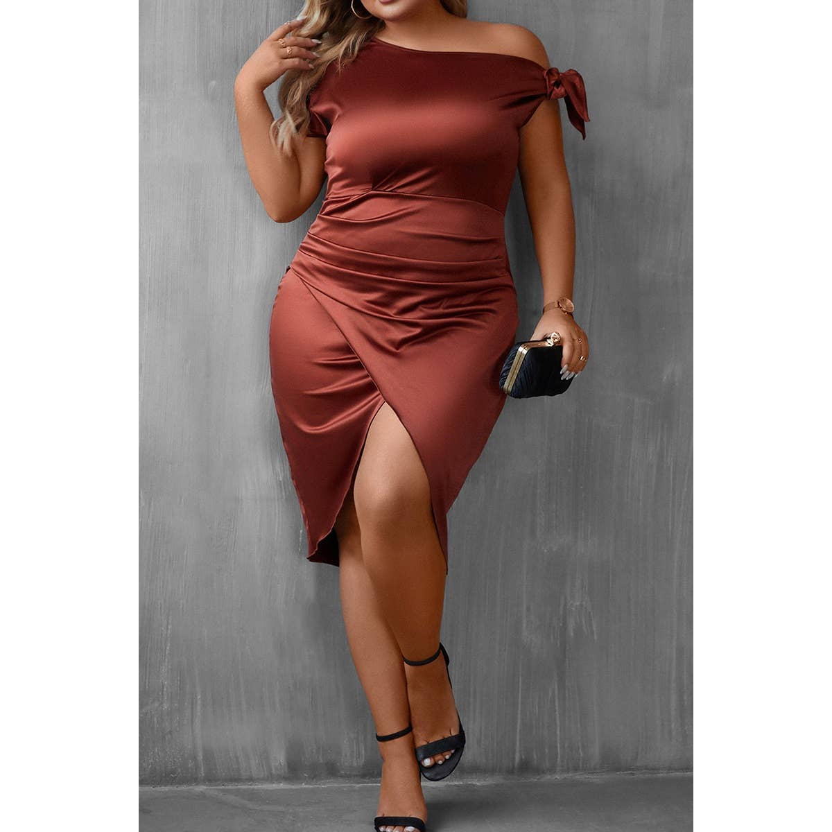 Plus One Shoulder Knot Bodycon Wrap Dress