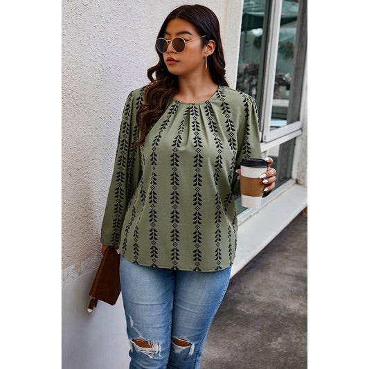 Plus Size Printed Round Ruched Loose Fit Top