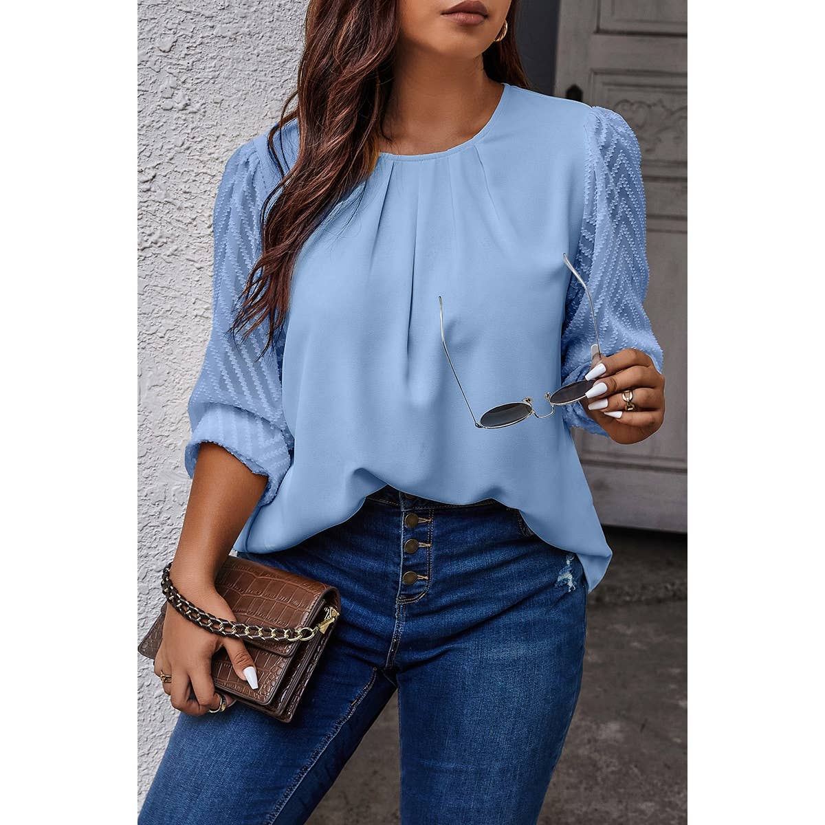 Plus Size Round Neck Color Block Ruched Blouse | Blouse - Women's | F, new arrival, plus, Plus tops, shoppe247, Top | Elings