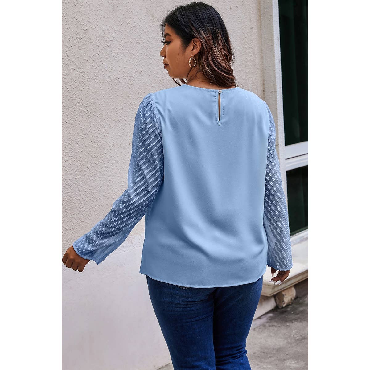 Plus Size Round Neck Color Block Ruched Blouse