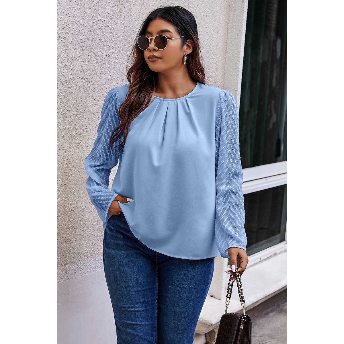 Plus Size Round Neck Color Block Ruched Blouse