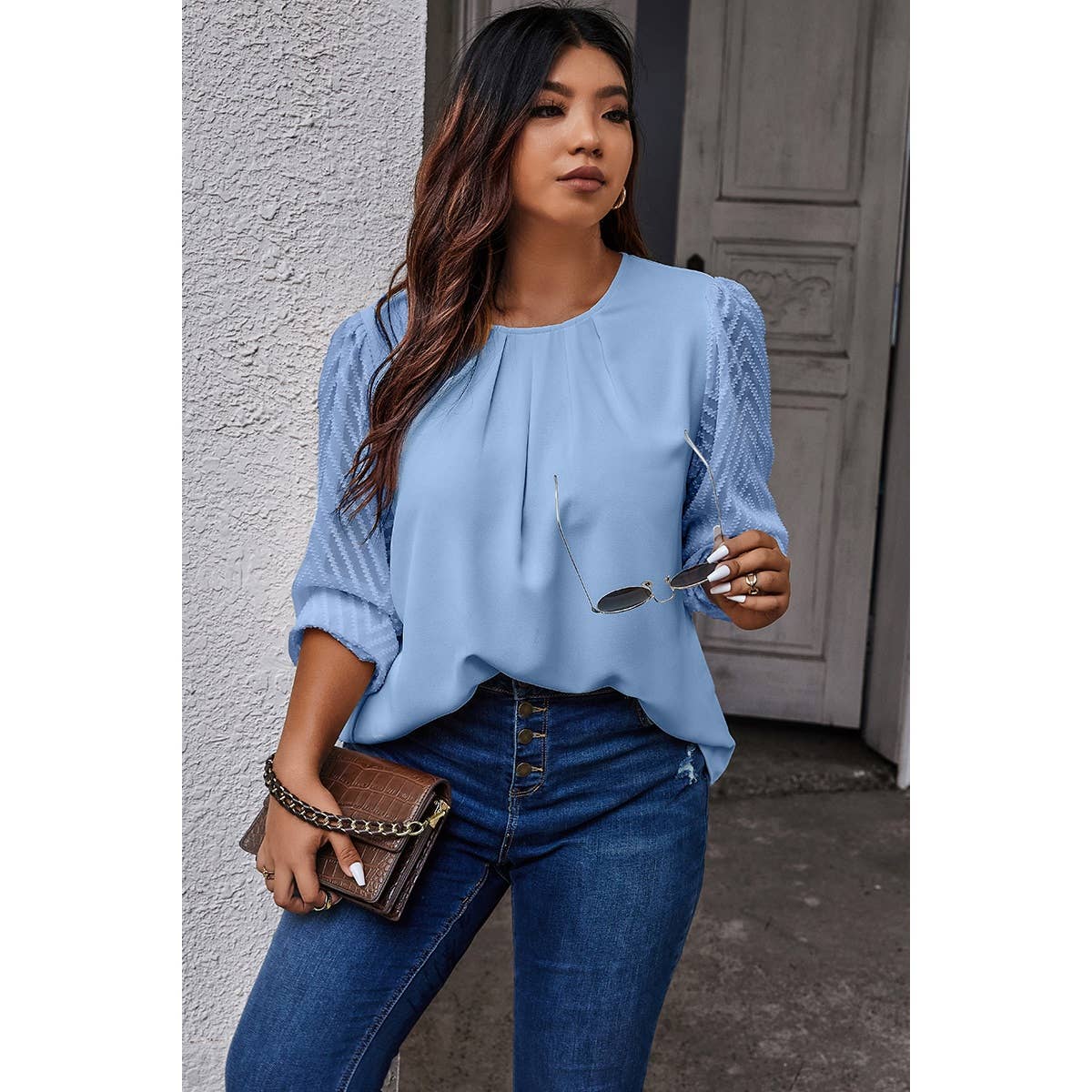 Plus Size Round Neck Color Block Ruched Blouse