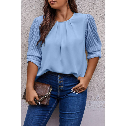 Plus Size Round Neck Color Block Ruched Blouse