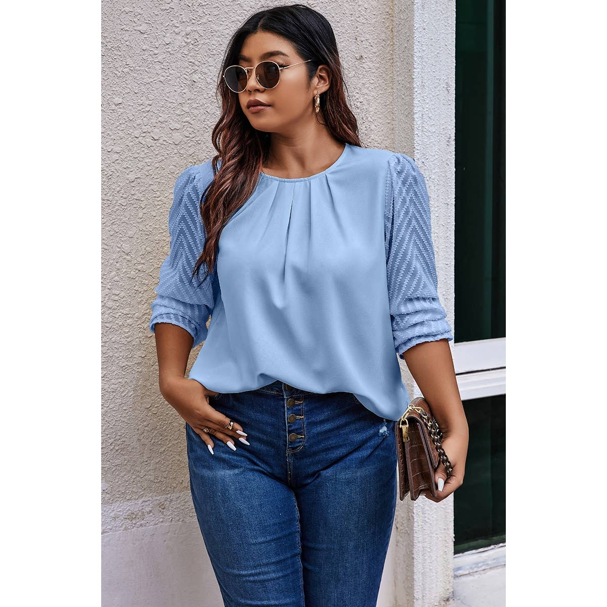 Plus Size Round Neck Color Block Ruched Blouse