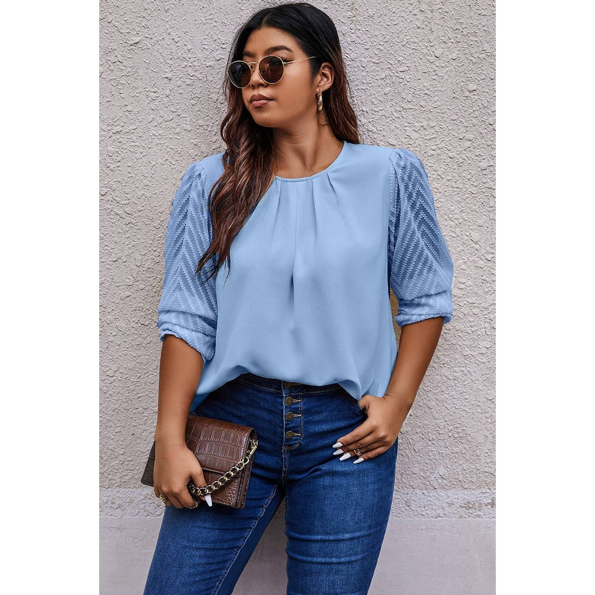 Plus Size Round Neck Color Block Ruched Blouse