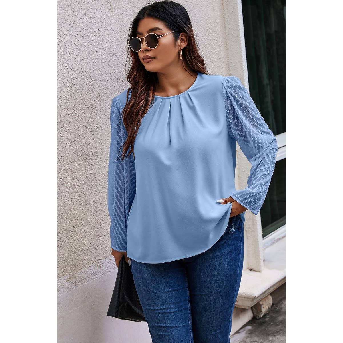 Plus Size Round Neck Color Block Ruched Blouse