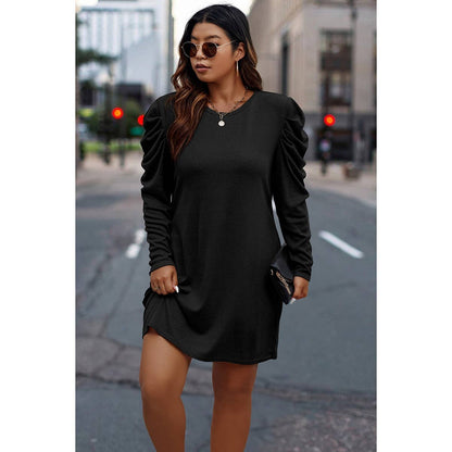Plus Size Solid Round Neck Ruched Fit Dress