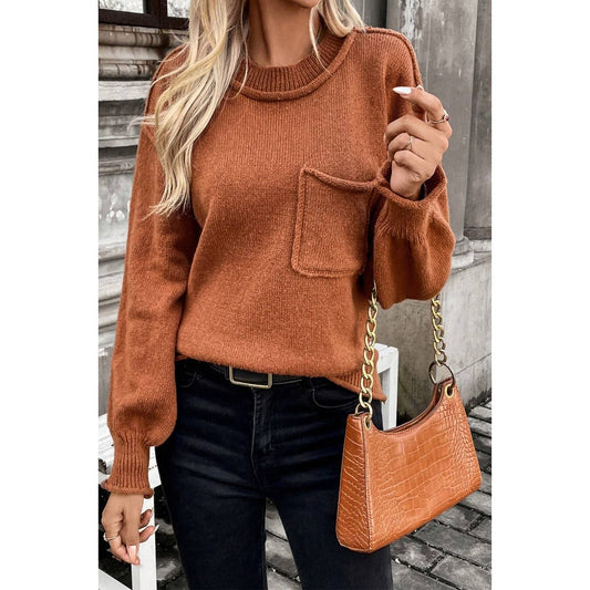 Pocket Patch Drop Shoulder Round Neck Sweater