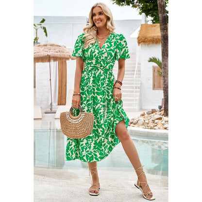 Printed Ruched Elastic Waist Band Fit Dress