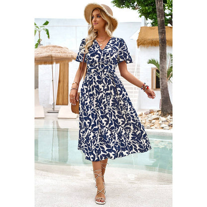 Printed Ruched Elastic Waist Band Fit Dress