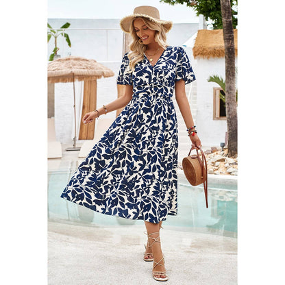 Printed Ruched Elastic Waist Band Fit Dress