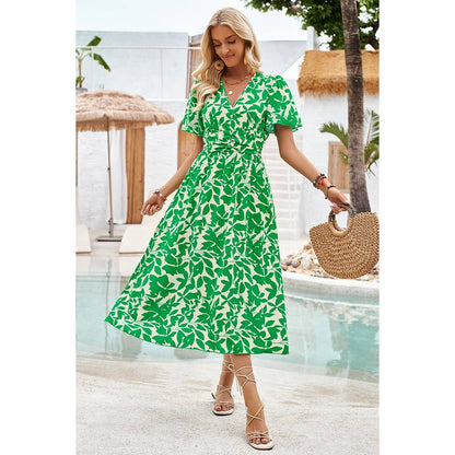 Printed Ruched Elastic Waist Band Fit Dress