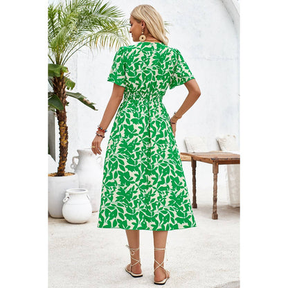 Printed Ruched Elastic Waist Band Fit Dress