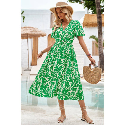 Printed Ruched Elastic Waist Band Fit Dress