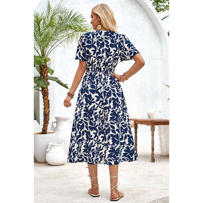 Printed Ruched Elastic Waist Band Fit Dress