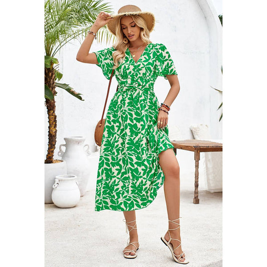 Printed Ruched Elastic Waist Band Fit Dress