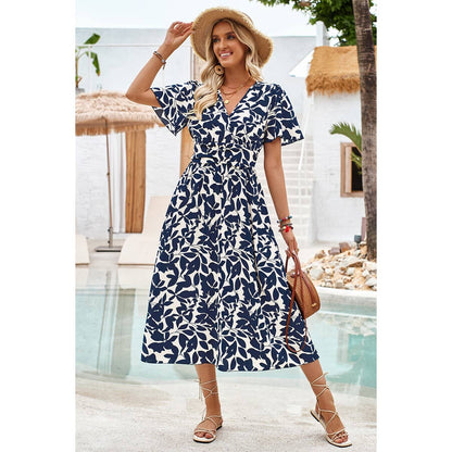 Printed Ruched Elastic Waist Band Fit Dress