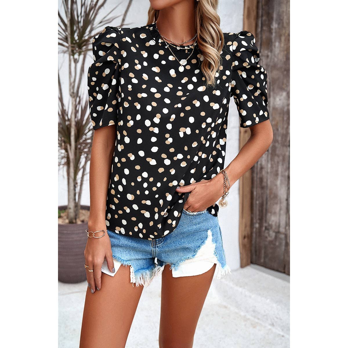 Puff Sleeves Allover Print Knot Loose Fit Top