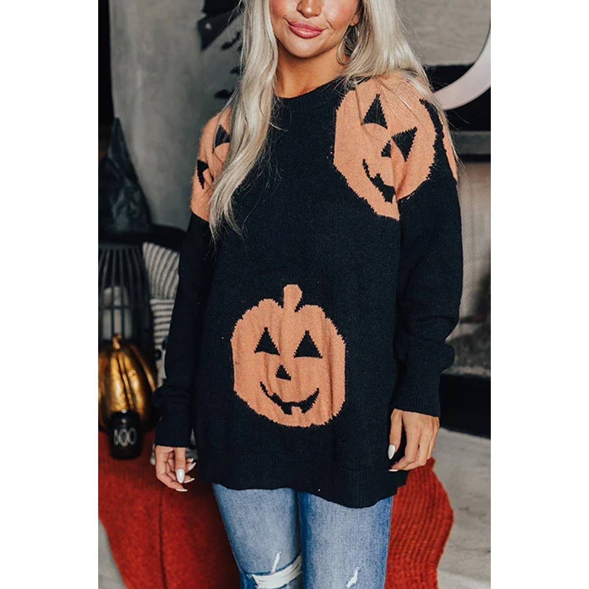 Pumpkin Print Round Neck Loose Fit Knit Sweater