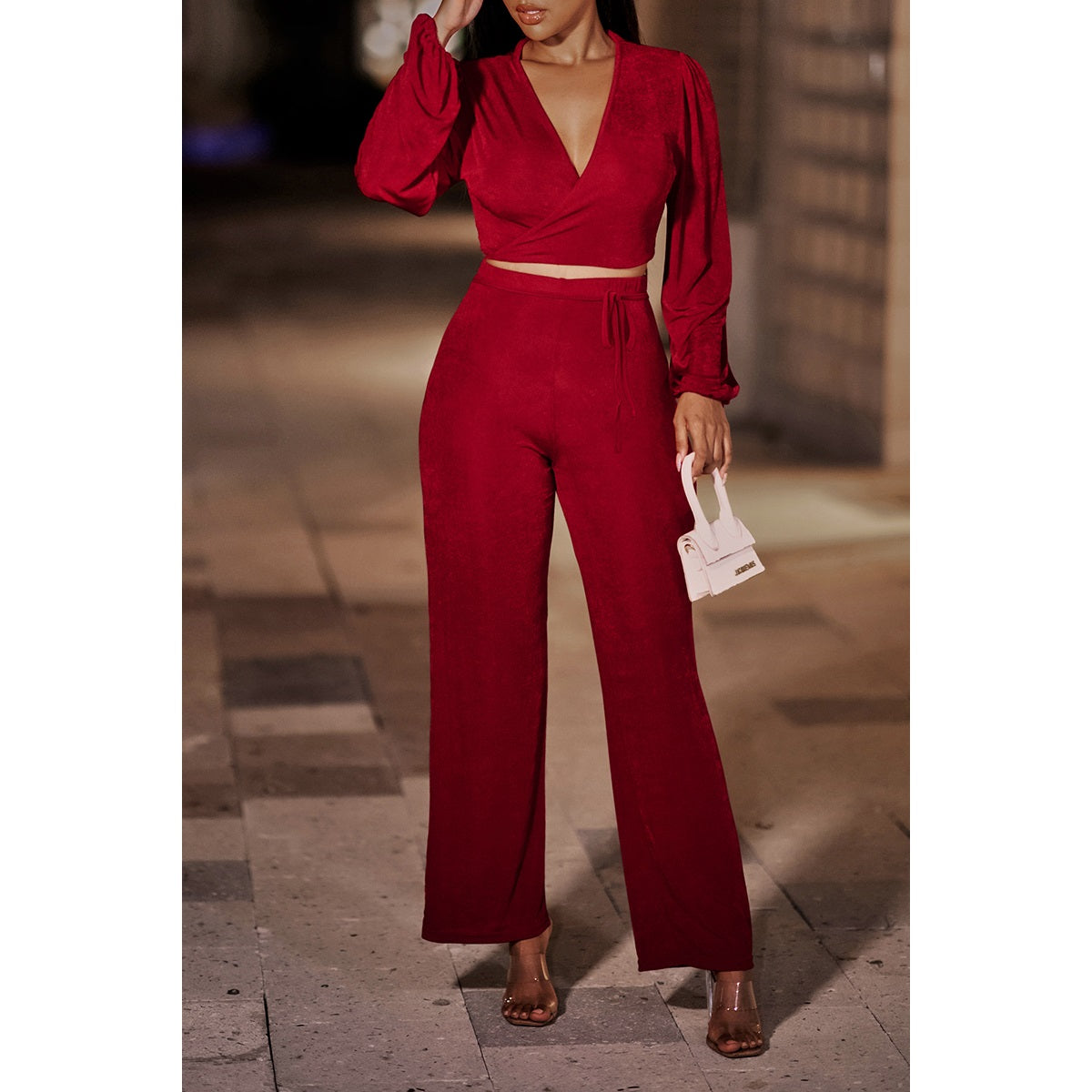 Solid Cross Crop Fit Selfbelt Deep V Sets | Top & Pant Set (NOT Loungewear) - Women's | 2024, Sale | Elings