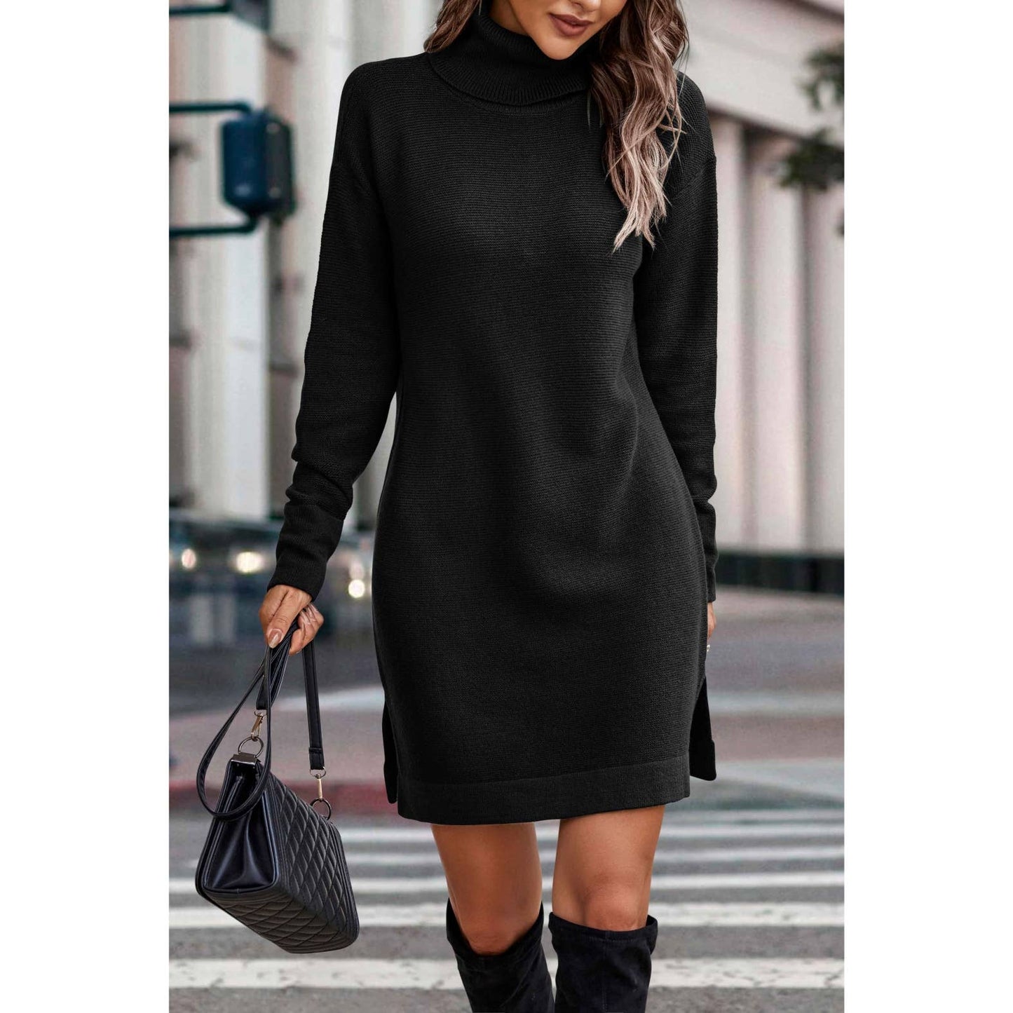 Roll Neck Knit Solid Sweater Dress - MVTFASHION.COM