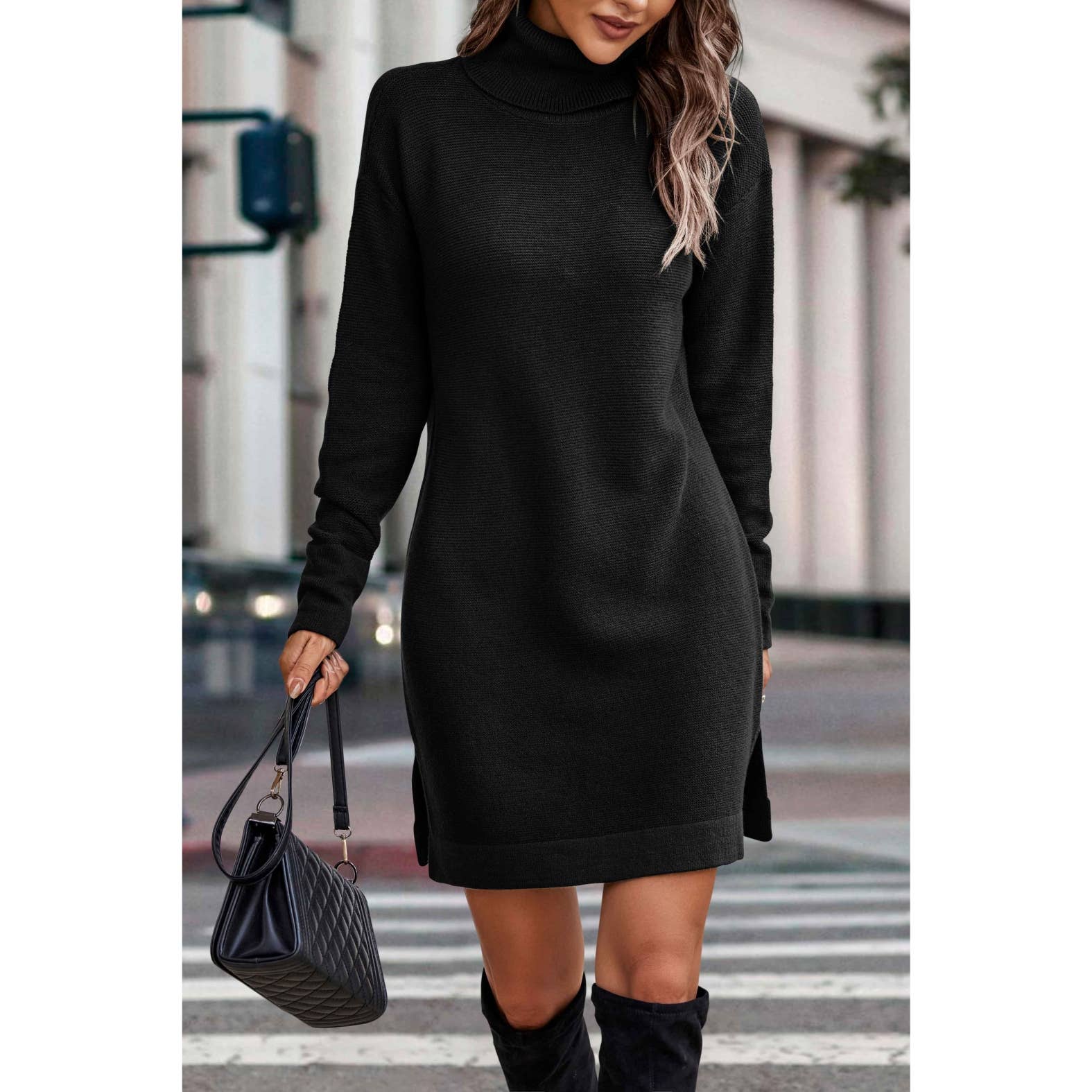 Roll Neck Knit Solid Sweater Dress - MVTFASHION.COM