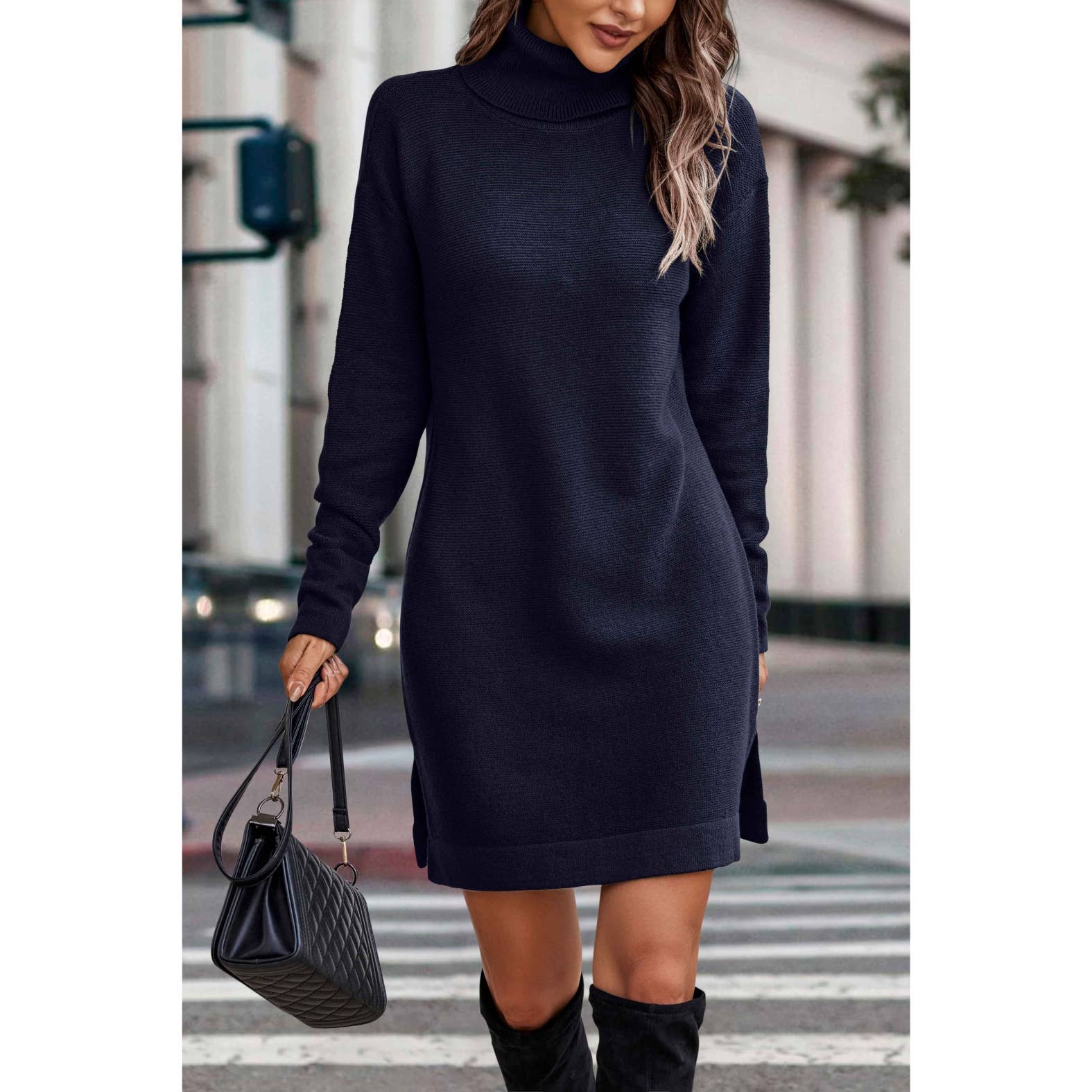Roll Neck Knit Solid Sweater Dress - MVTFASHION.COM