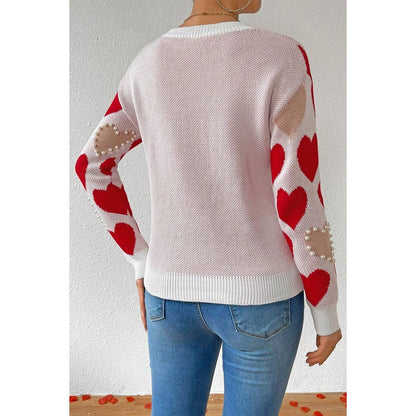 Round Neck Heart Shape Pearl Beads Knit Sweater