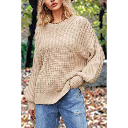Round Neck Long Sleeve Loose Fit Rib Knit Sweater