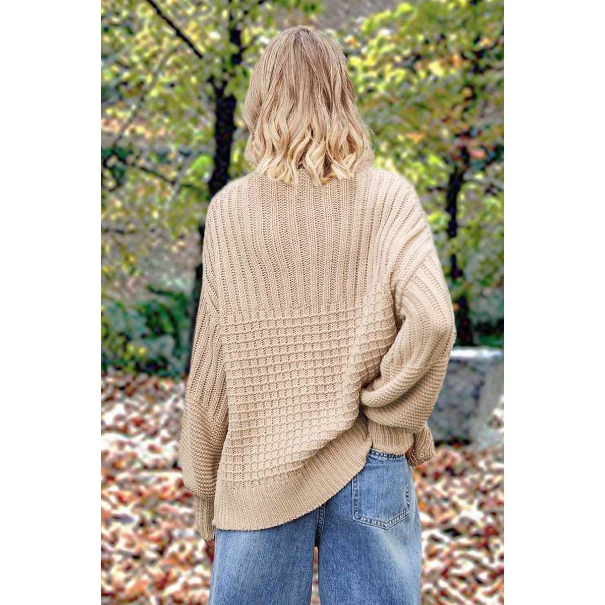 Round Neck Long Sleeve Loose Fit Rib Knit Sweater