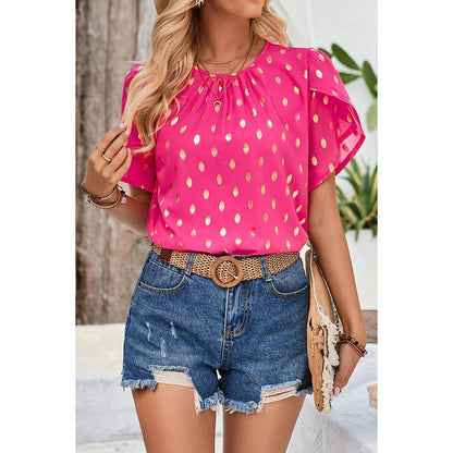 Round Neck Ruched Dot Print Loose Blouse