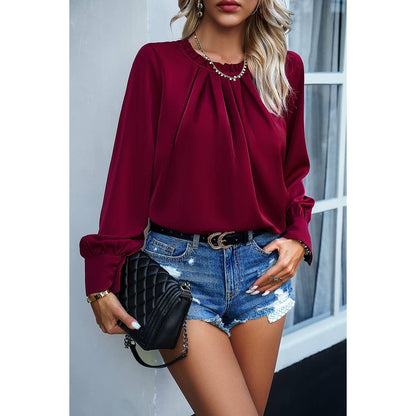 Round Neck Ruched Puff Sleeve Loose Top - Elings