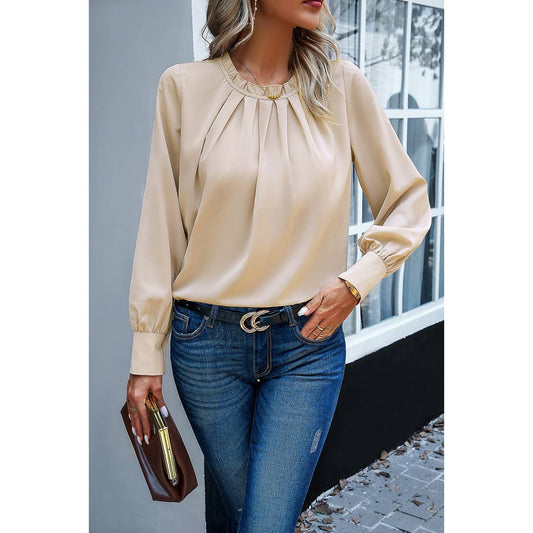 Round Neck Ruched Puff Sleeve Loose Top - Elings