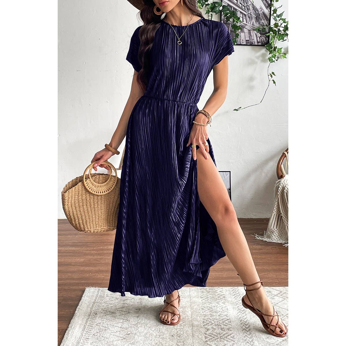 Ruched Round Neck Fit Solid Side Open Dress