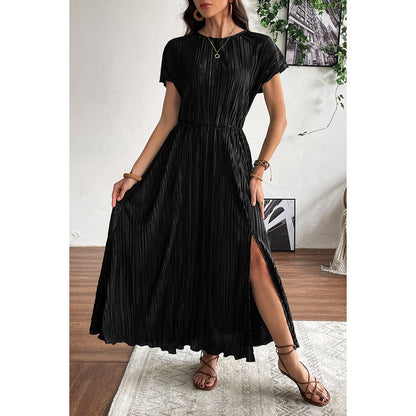 Ruched Round Neck Fit Solid Side Open Dress