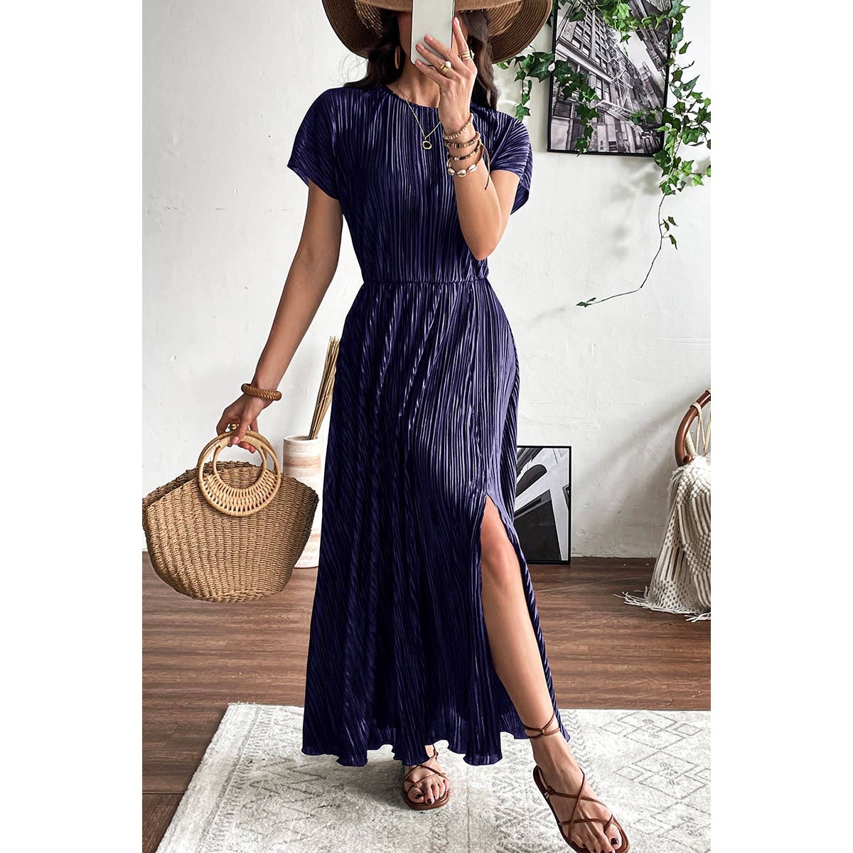 Ruched Round Neck Fit Solid Side Open Dress