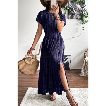 Ruched Round Neck Fit Solid Side Open Dress
