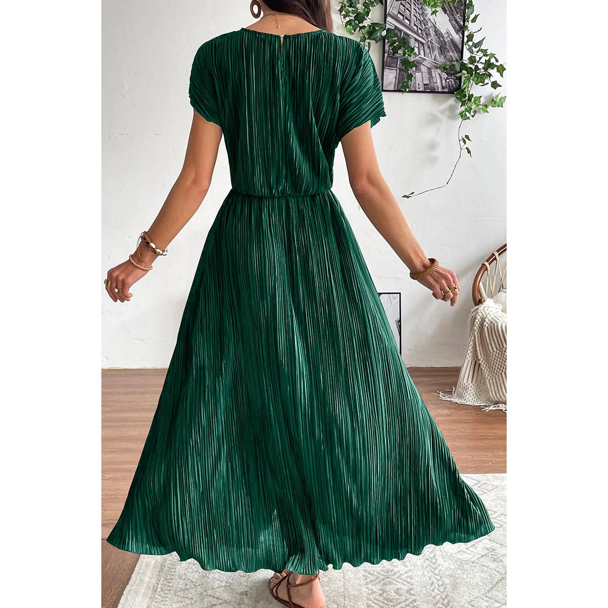 Ruched Round Neck Fit Solid Side Open Dress