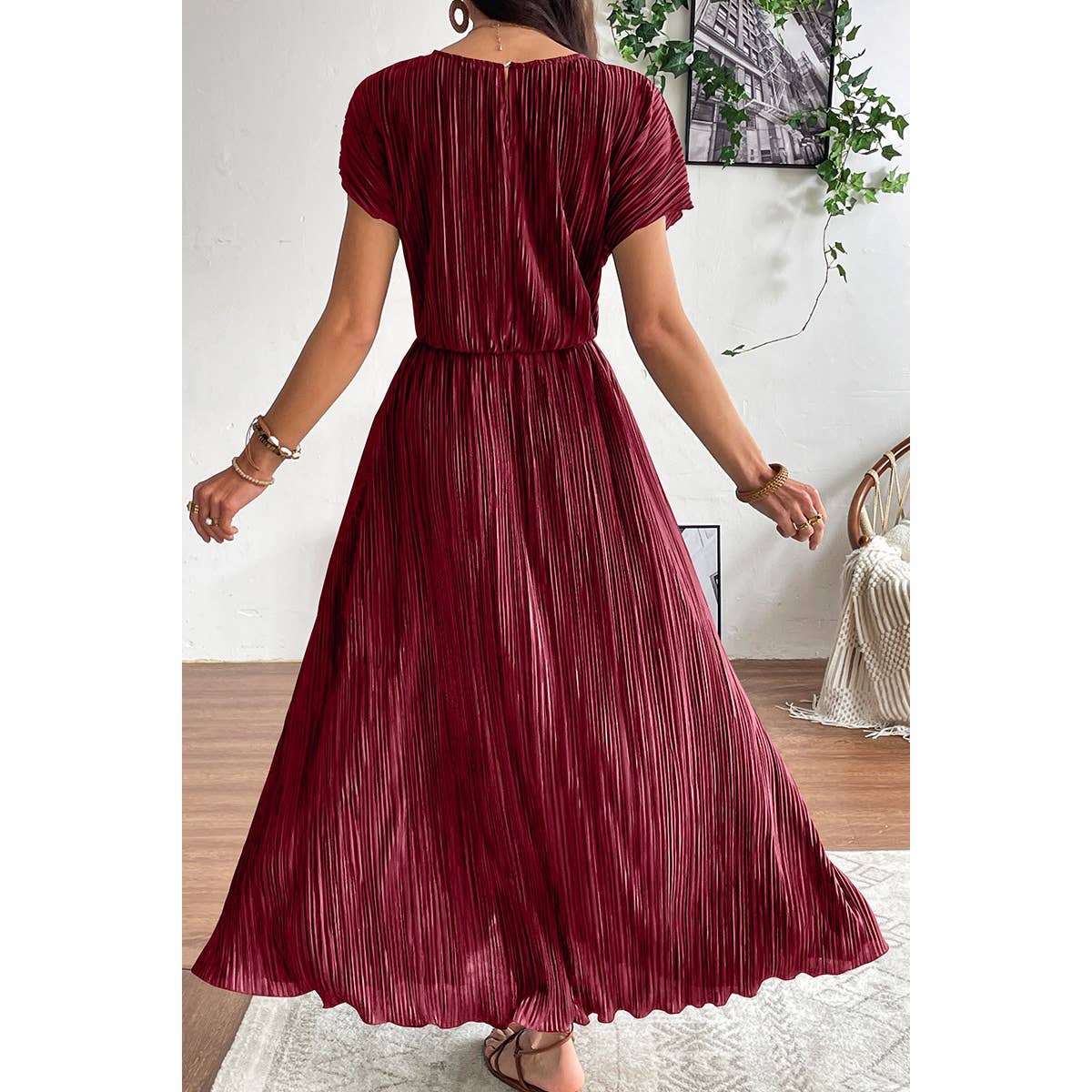 Ruched Round Neck Fit Solid Side Open Dress