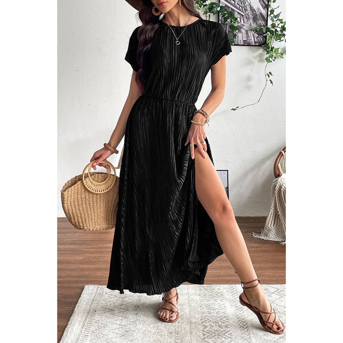 Ruched Round Neck Fit Solid Side Open Dress