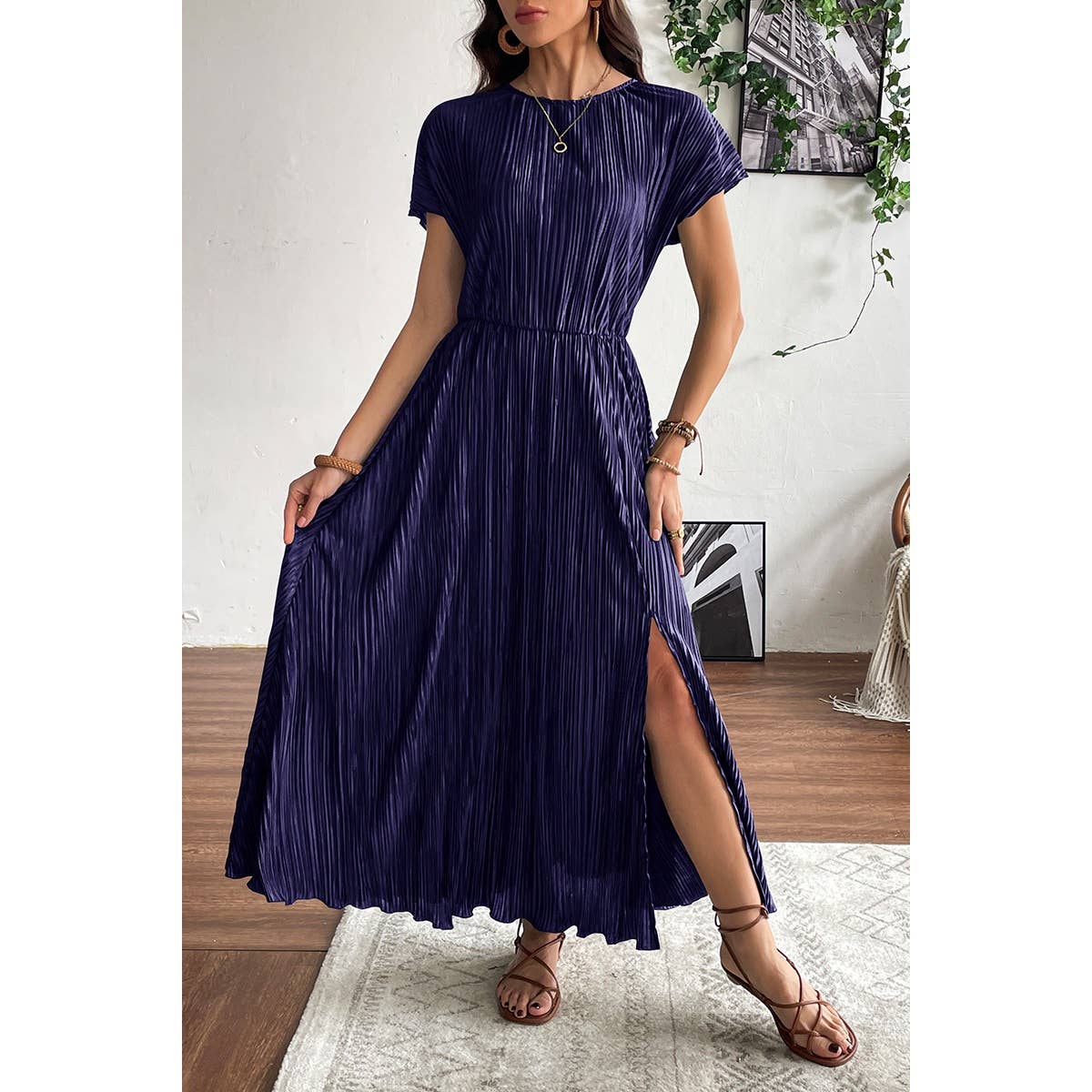Ruched Round Neck Fit Solid Side Open Dress