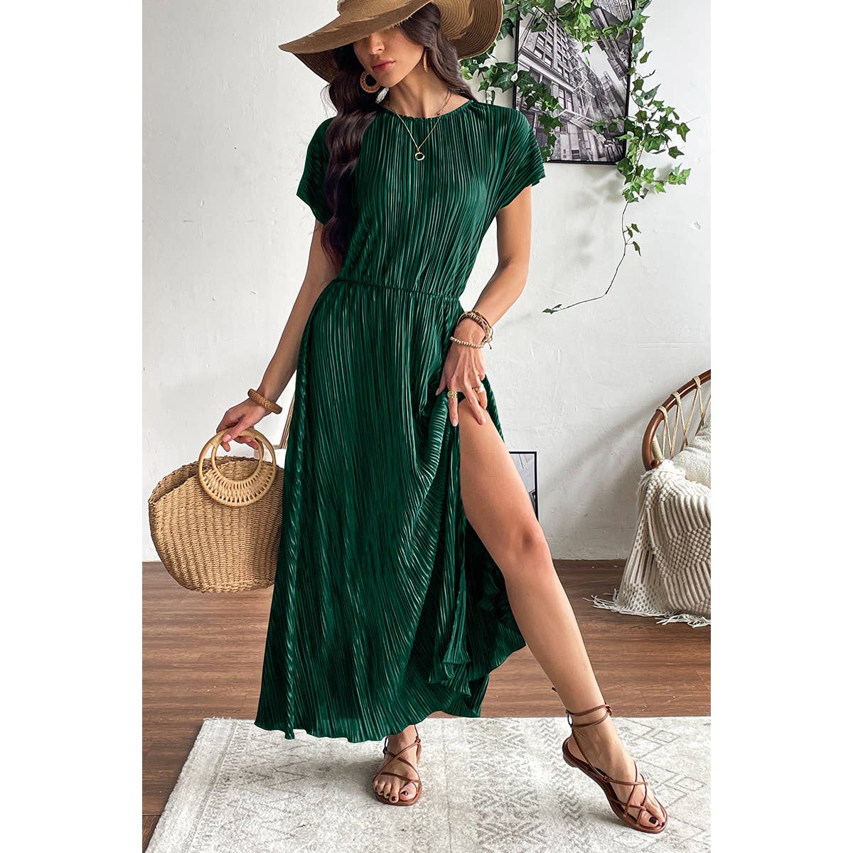 Ruched Round Neck Fit Solid Side Open Dress