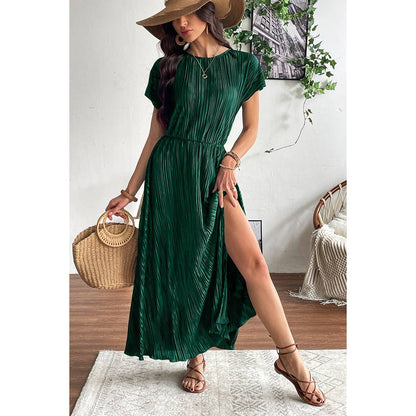 Ruched Round Neck Fit Solid Side Open Dress