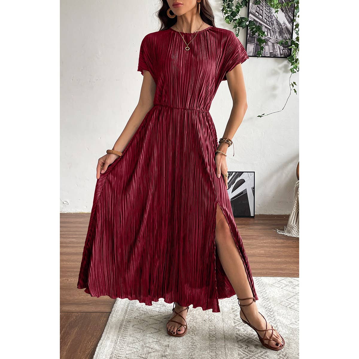 Ruched Round Neck Fit Solid Side Open Dress