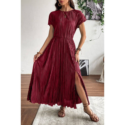 Ruched Round Neck Fit Solid Side Open Dress
