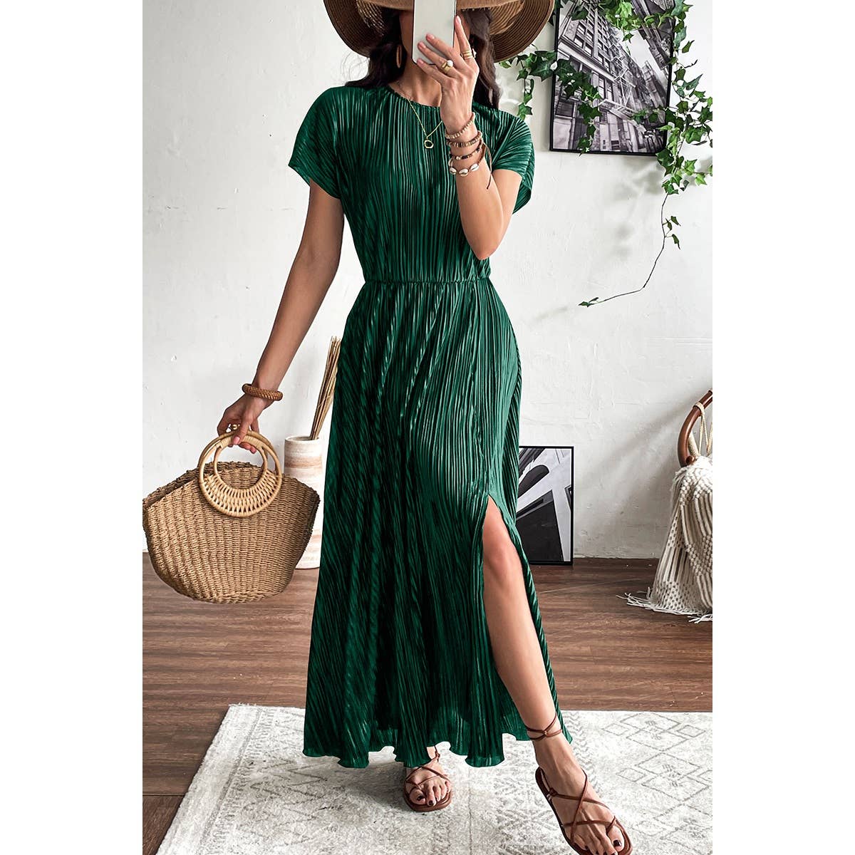 Ruched Round Neck Fit Solid Side Open Dress